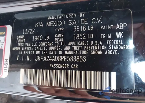 2023 Kia Rio Lx from USA, damaged, VIN 3KPA24AD8PE533853